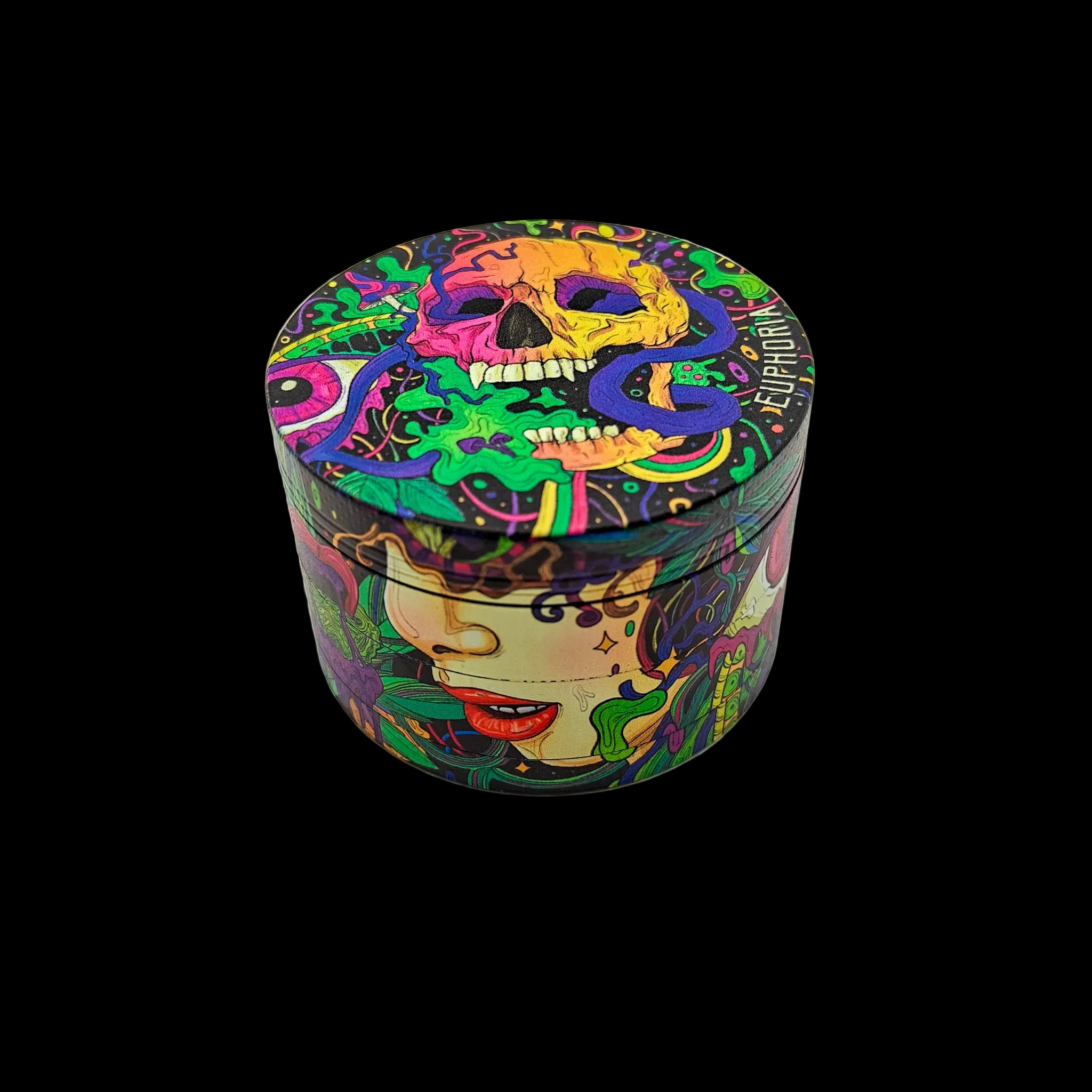 Couvercle du grinder Euphoria Enchanting avec illustration psychédélique, crânes et œil mystique