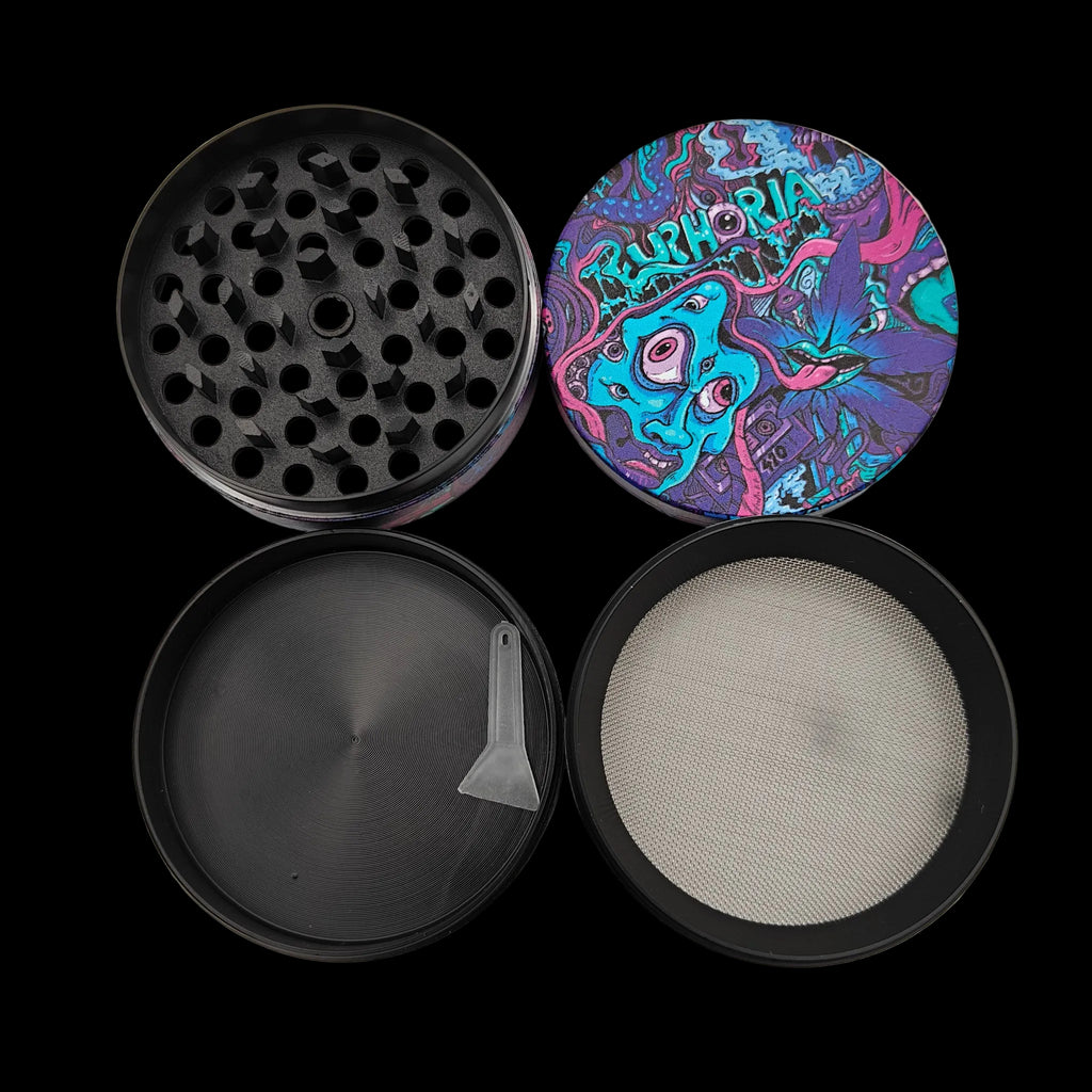 Grinder Euphoria Psychedelic 63 mm en métal ouvert avec dents en losange, filtre polinator, racloir et structure 4 parties