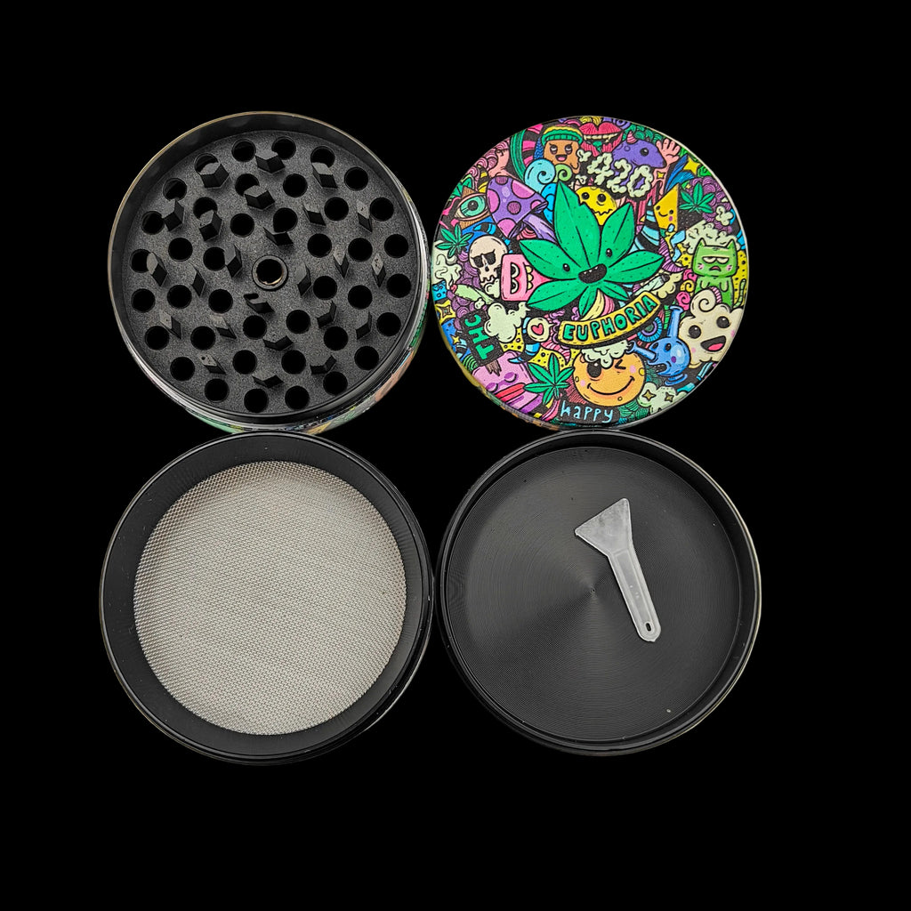 Grinder Euphoria Whimsical 63 mm en métal, design coloré et ludique, dents en losange, 4 parties avec filtre polinator et racloir inclus.