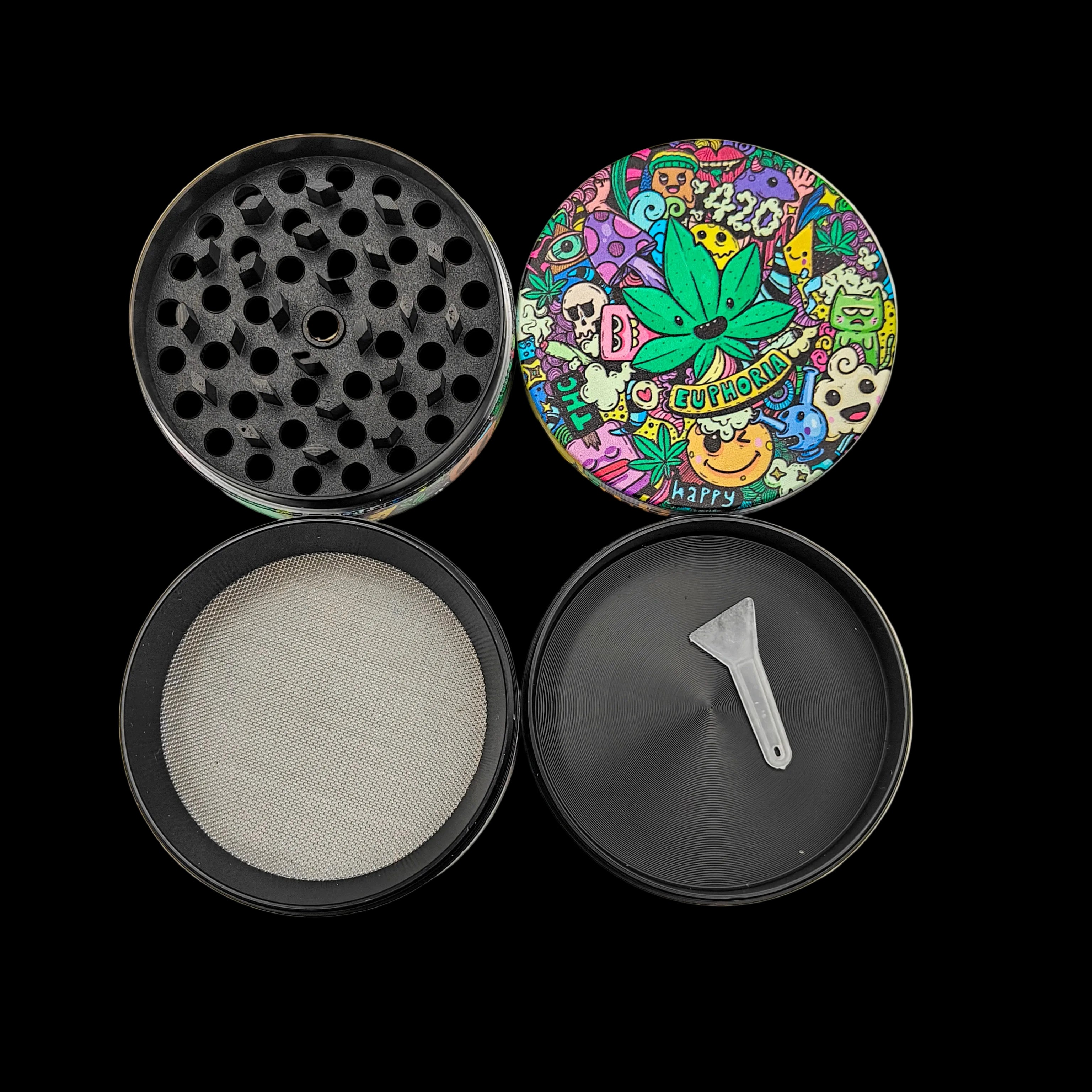 Grinder Euphoria Whimsical 63 mm en métal, design coloré et ludique, dents en losange, 4 parties avec filtre polinator et racloir inclus.