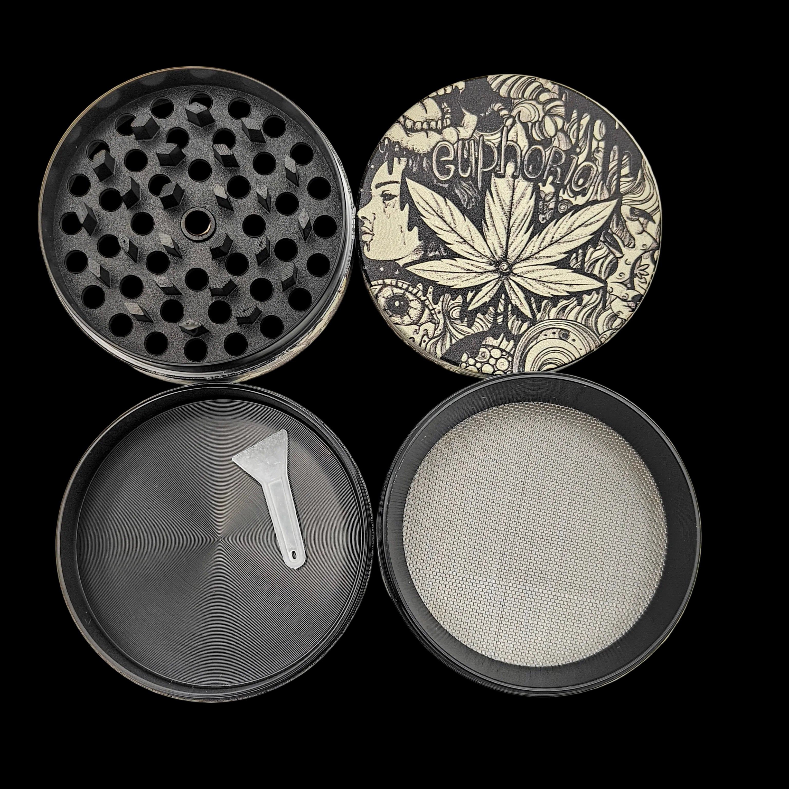 Grinder Euphoria Mystical 63 mm démonté en 4 parties, avec dents en losange, filtre polinator, compartiment de récupération et racloir inclus.