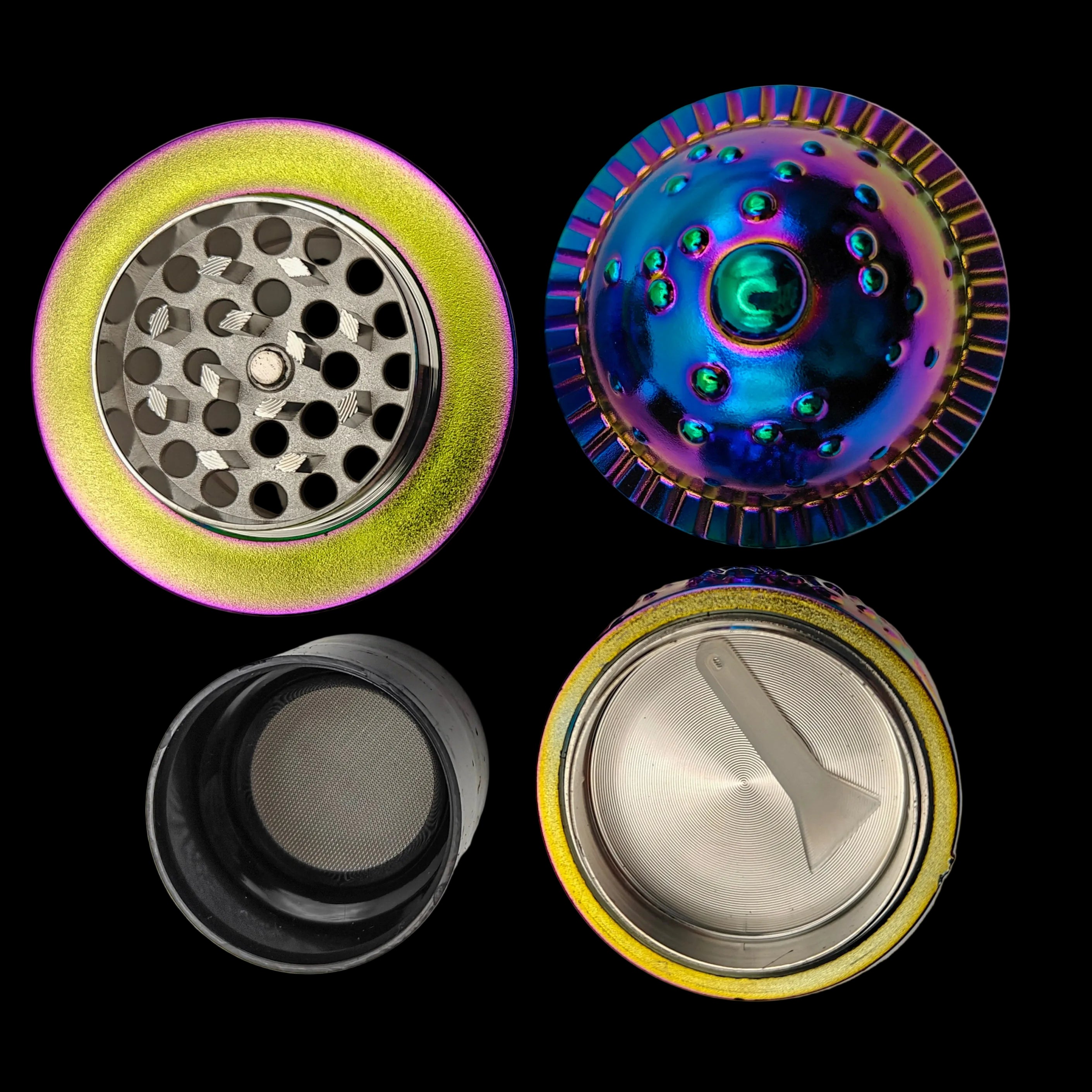 Grinder métal Ragga Mushroom démonté en 4 parties, montrant les dents en losange, le tamis à pollen et le réservoir, finition irisée champignon.