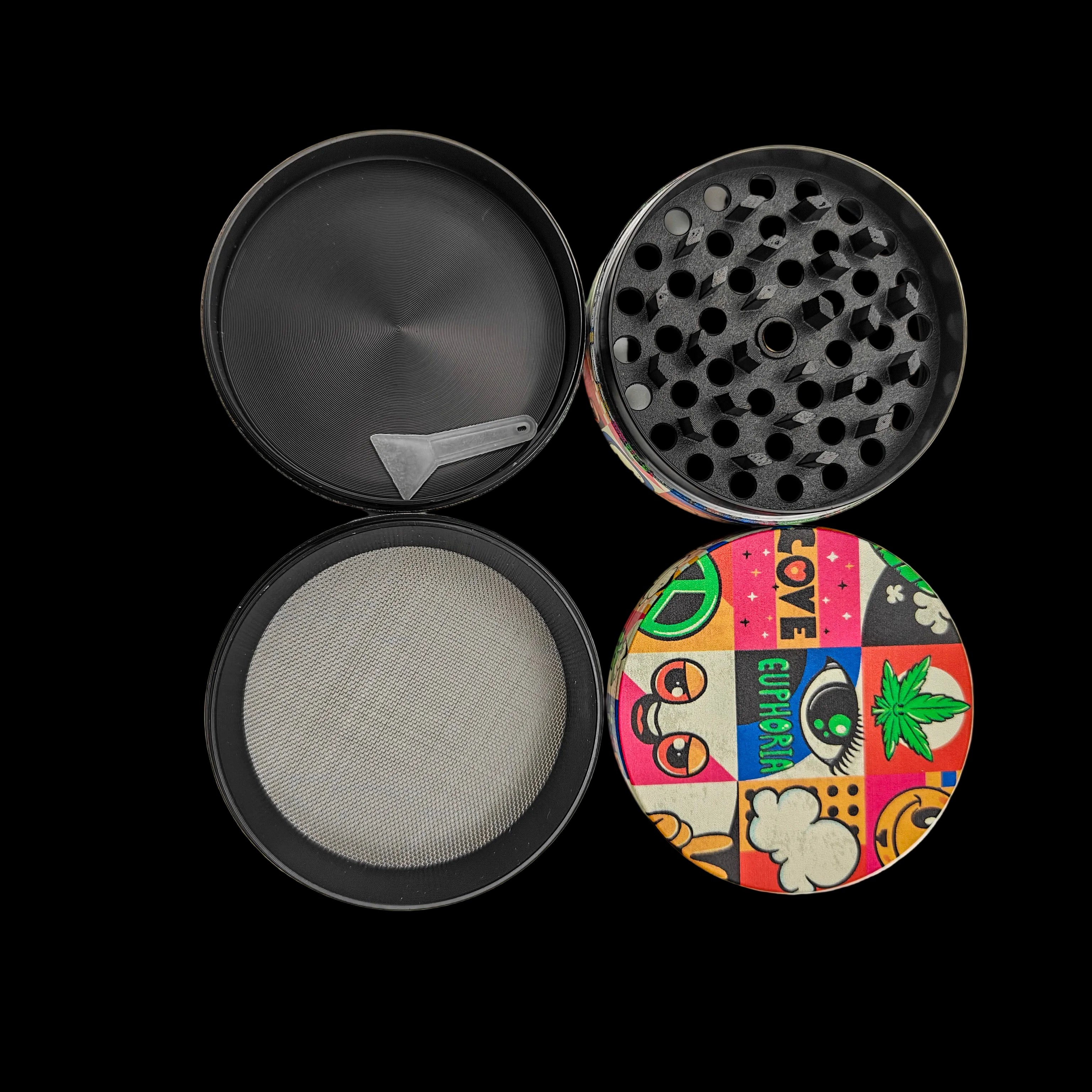 Grinder Euphoria Groovy 63 mm démonté en 4 parties, montrant les dents en losange, le filtre polinator, le réservoir et le racloir inclus.