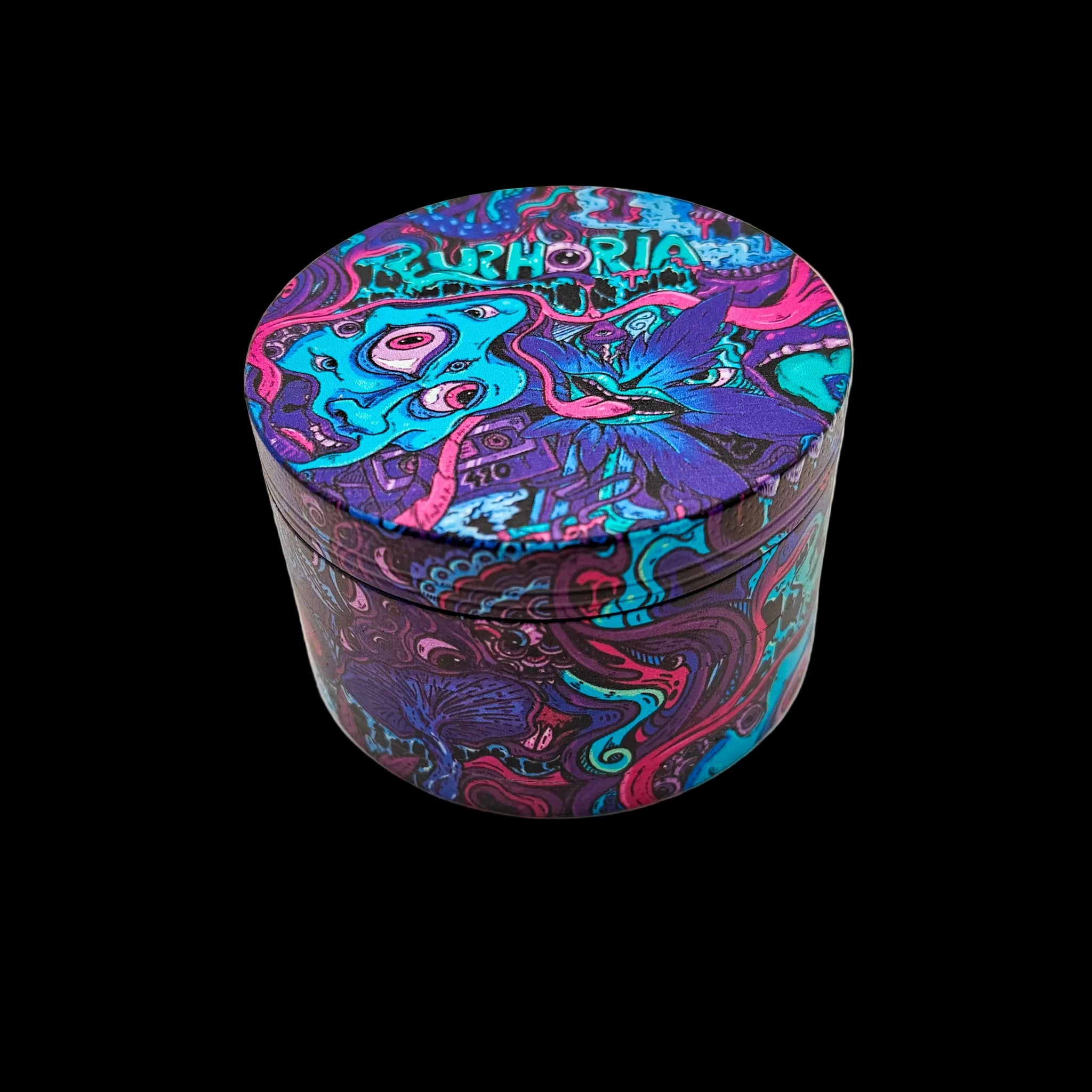 Grinder Euphoria Psychedelic 63 mm en métal avec design psychédélique coloré, couvercle fermé et finition premium