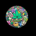 vue du dessus du grinder Euphoria Whimsical avec design coloré et ludique, motifs cartoon, feuille de chanvre et univers graphique joyeux.