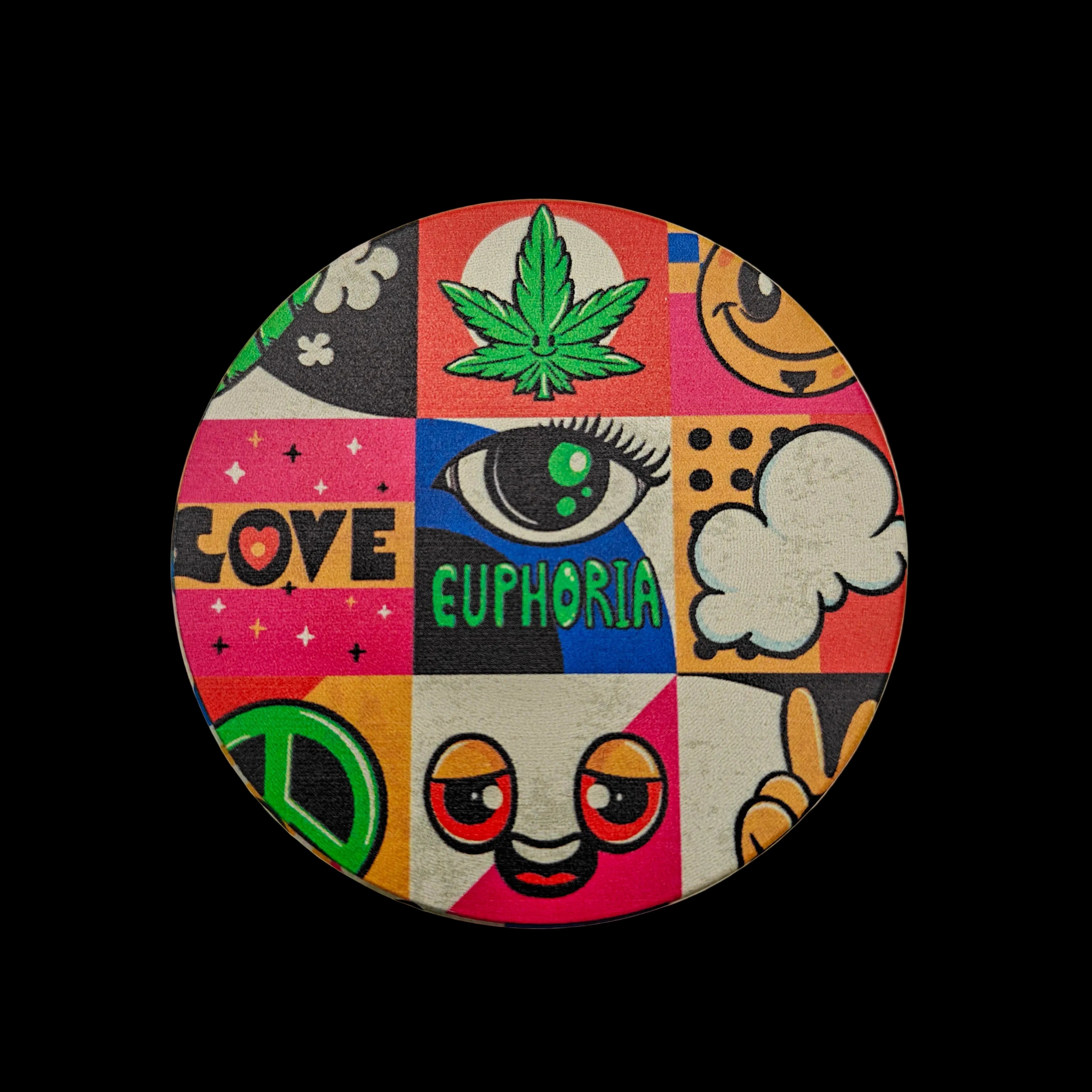 Vue du dessus du grinder Euphoria Groovy avec motifs rétro multicolores inspirés des années 70, symboles peace, love et univers psychédélique.
