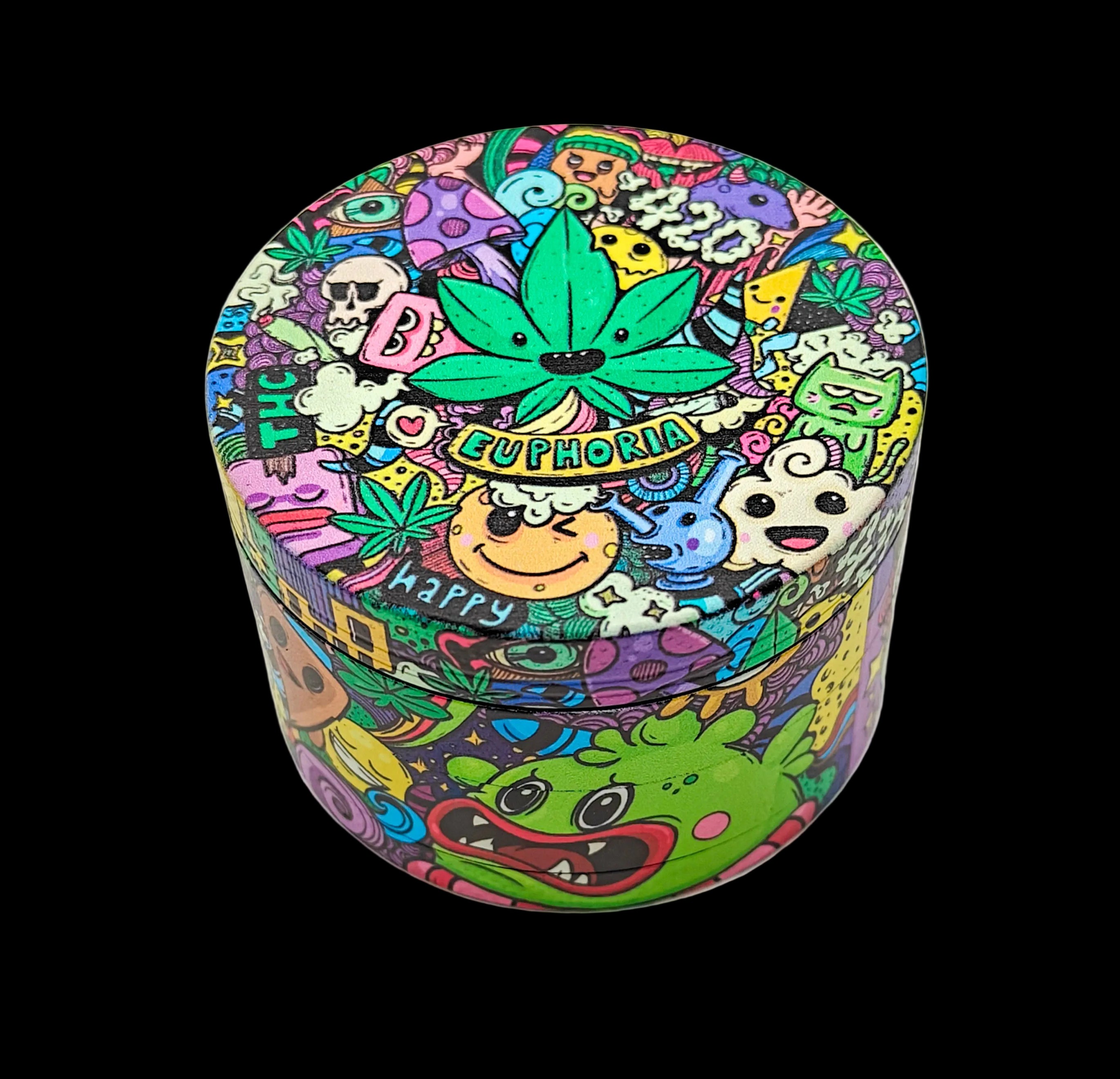 grinder Euphoria Whimsical 63 mm fermé, finition métal robuste, design multicolore fantaisie et format compact facile à prendre en main.