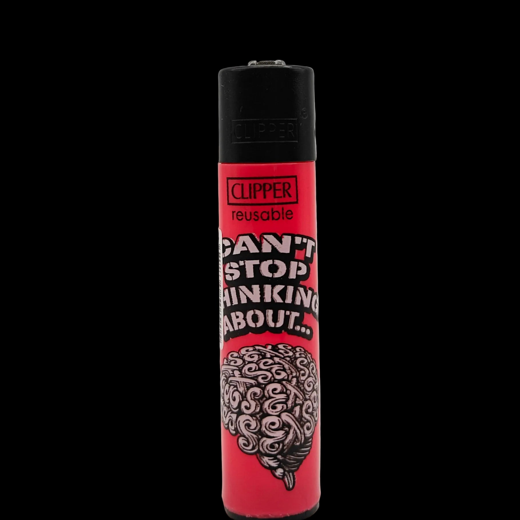 Briquet Clipper Hot Quotes rouge avec inscription “Can’t Stop Thinking About…” et illustration de cerveau, briquet rechargeable