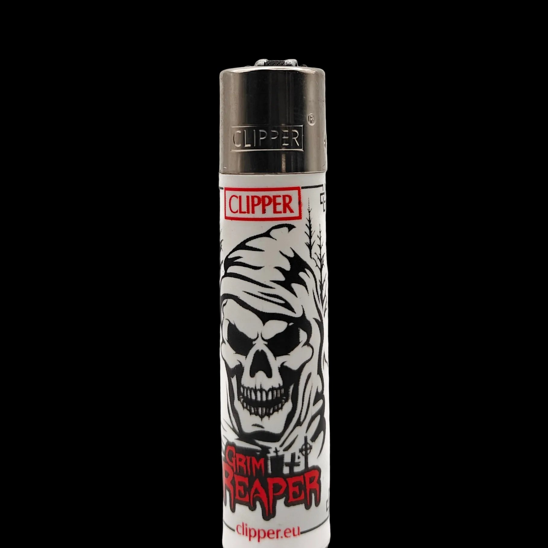 Briquet Clipper Skulls avec design Grim Reaper, faucheuse skull noire et inscription rouge, briquet rechargeable