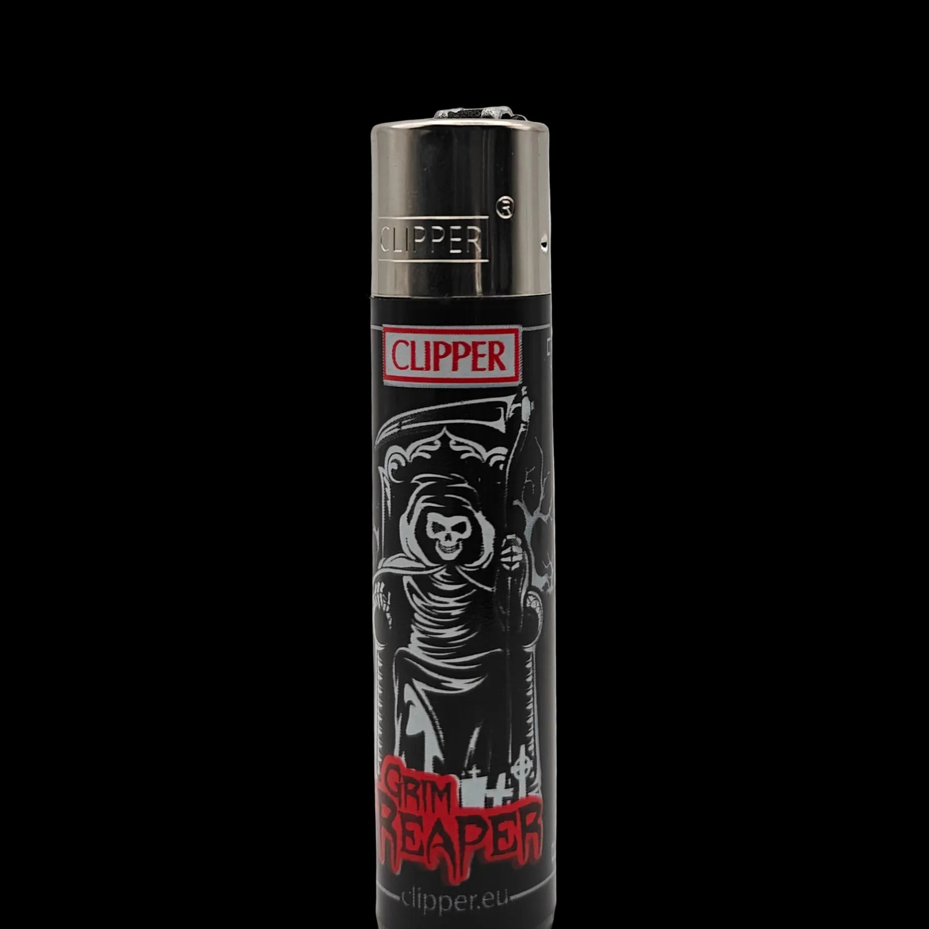 Briquet Clipper Skulls avec faucheuse assise sur un trône, design Grim Reaper sombre, briquet rechargeable