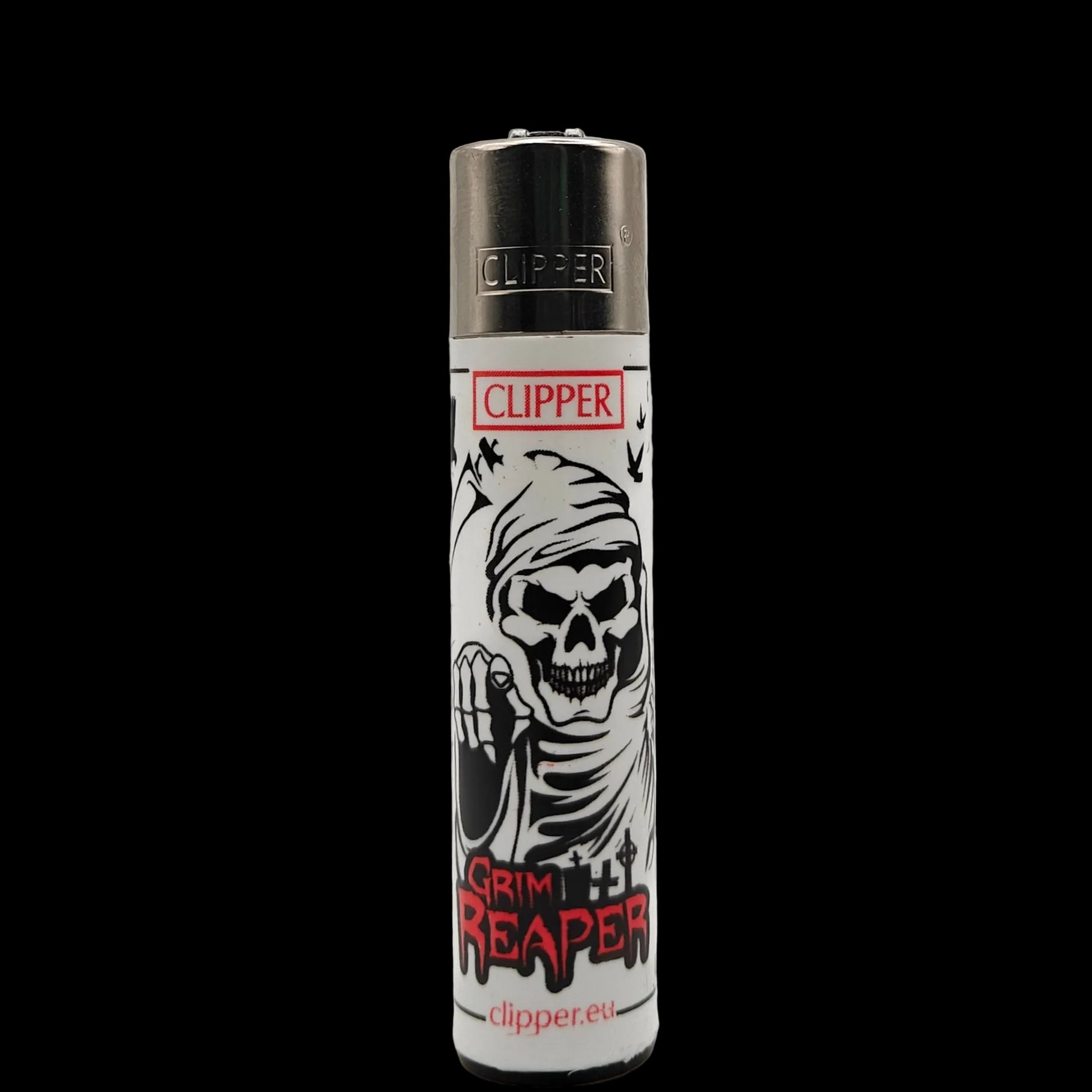 Briquet Clipper Skulls avec faucheuse en mouvement, poing serré, design Grim Reaper sombre, briquet rechargeable