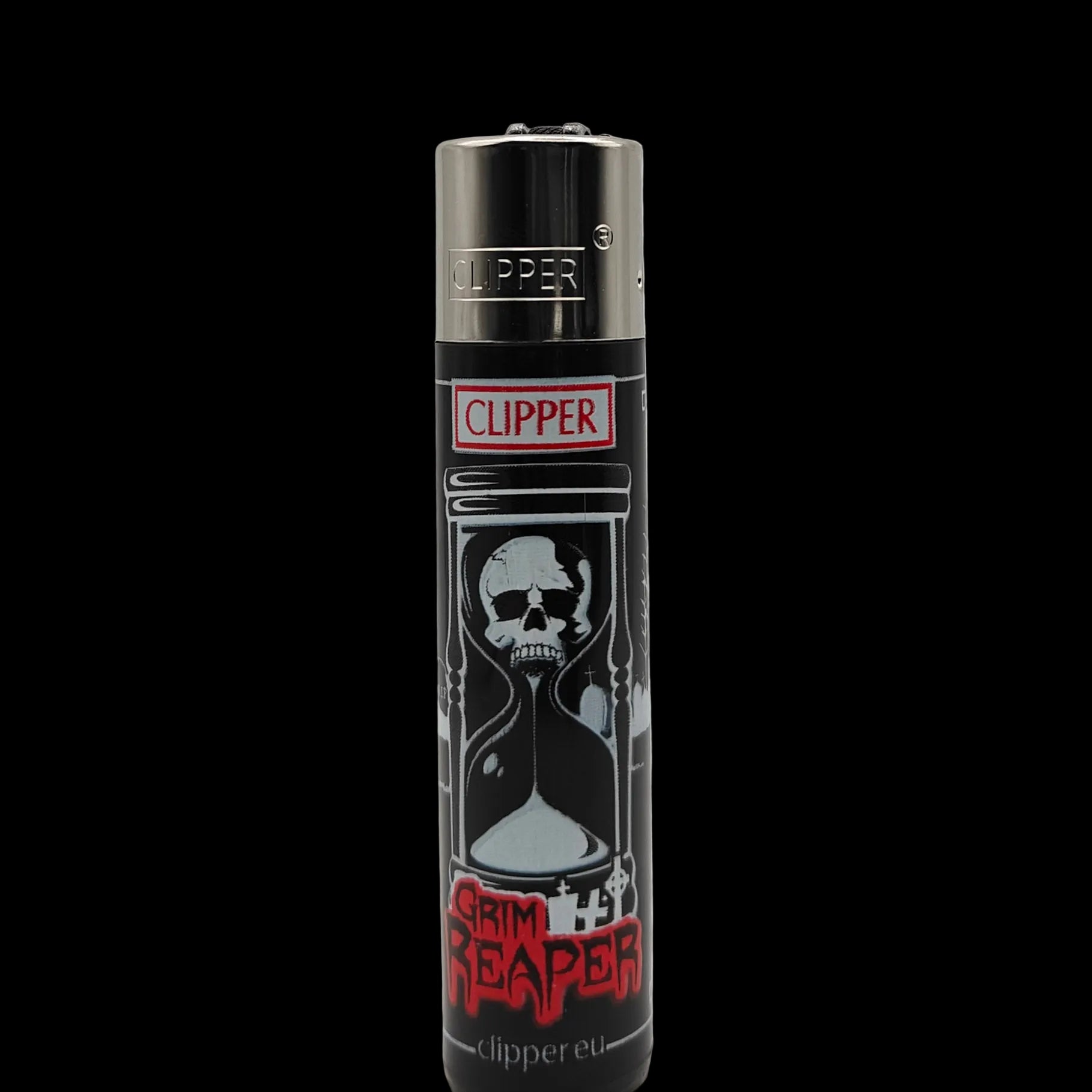 Briquet Clipper Skulls avec faucheuse dans un sablier, design Grim Reaper sombre, briquet rechargeable