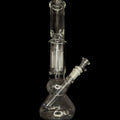 bang en verre transparent avec percolateur multi-tubes intégré, plongeur diffuseur et système Ice. Modèle élancé au design bécher, offrant une filtration avancée et une fumée plus douce, présenté sur fond noir.