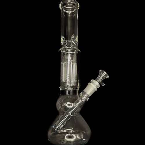 bang en verre transparent avec percolateur multi-tubes intégré, plongeur diffuseur et système Ice. Modèle élancé au design bécher, offrant une filtration avancée et une fumée plus douce, présenté sur fond noir.
