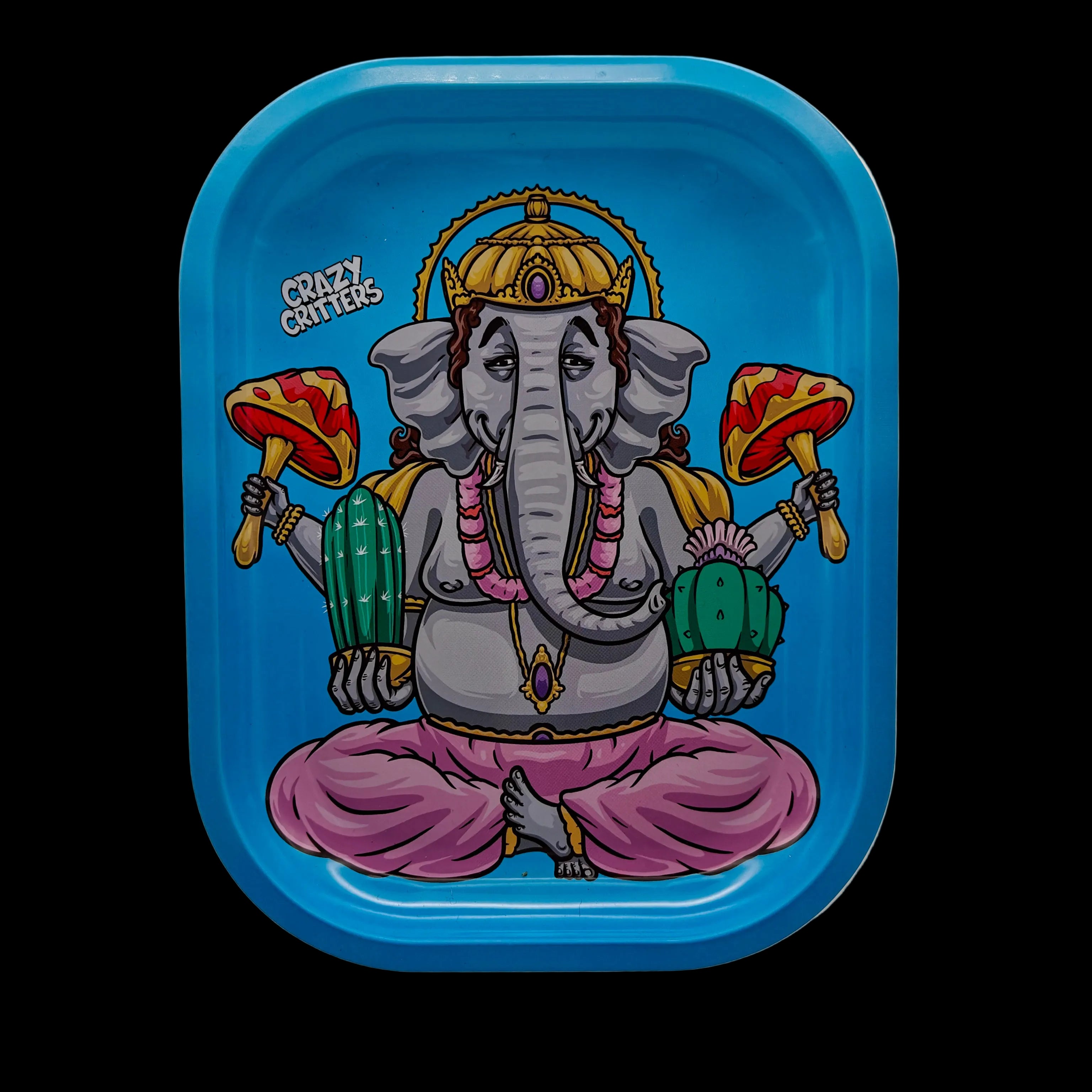 Plateau Crazy Critters Elephant en métal avec éléphant mystique assis en tailleur, champignons stylisés, cactus et fond bleu psychédélique