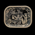 Plateau Euphoria Mystical en métal avec design mystique noir et beige, feuille de chanvre centrale, visages illustrés et rebords beiges