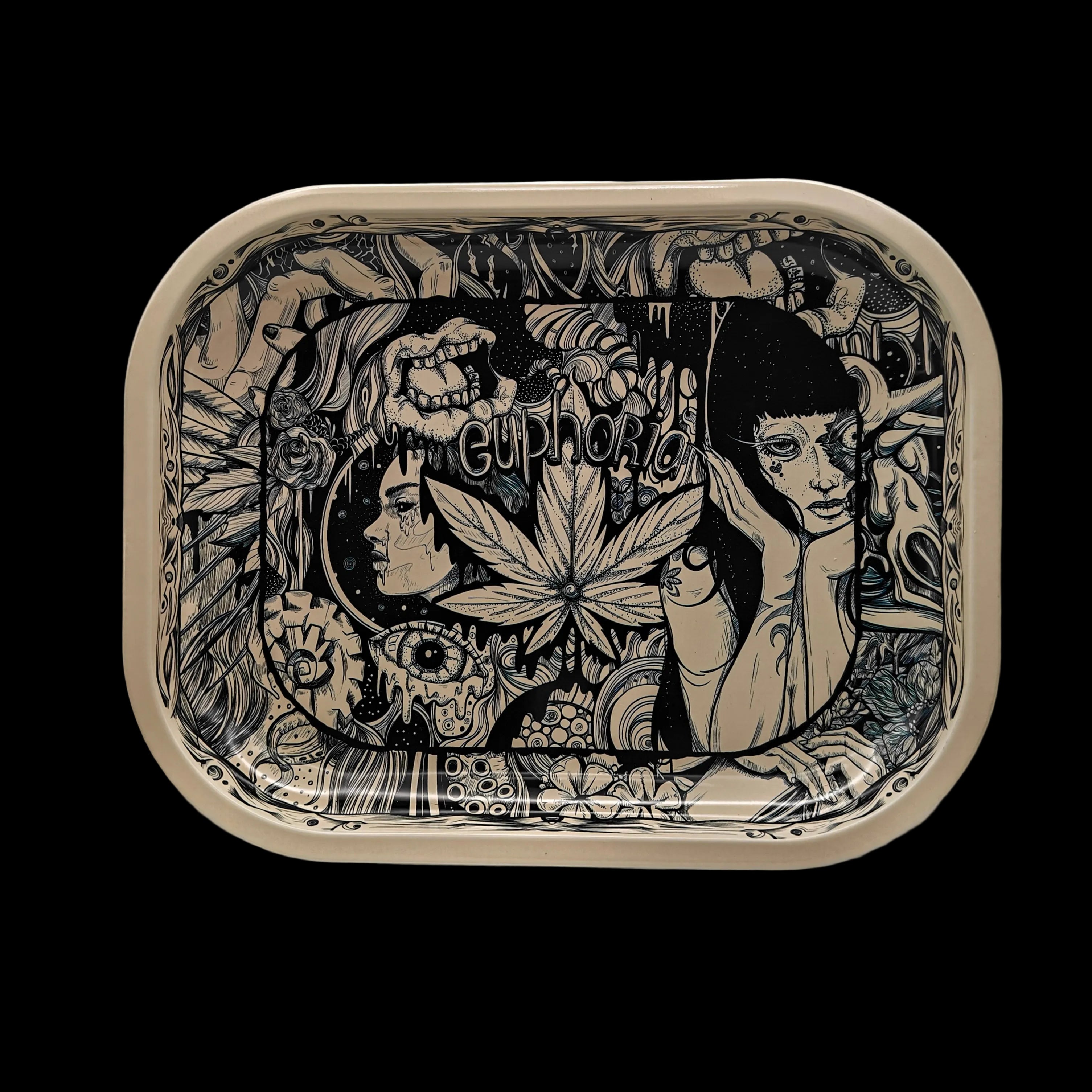 Plateau Euphoria Mystical en métal avec design mystique noir et beige, feuille de chanvre centrale, visages illustrés et rebords beiges