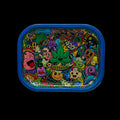 Plateau Euphoria Whimsical en métal avec design cartoon coloré, feuille de chanvre souriante, smileys et rebords bleus