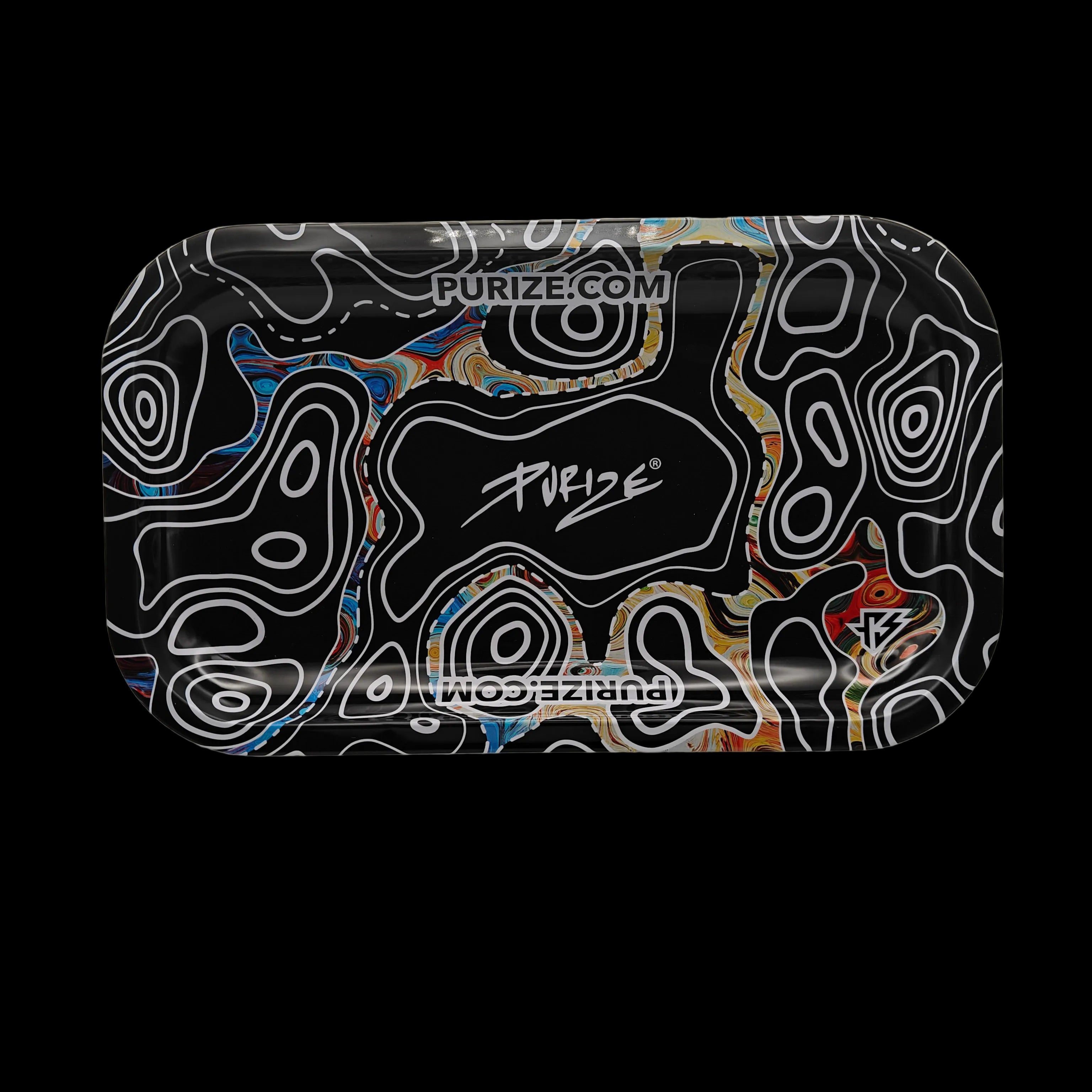 Plateau Purize Dark Sketch en métal noir avec design graphique à lignes blanches abstraites et logo Purize
