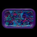 Plateau Euphoria Psychedelic en métal avec design violet psychédélique, crânes, yeux multiples, formes organiques et rebords hauts