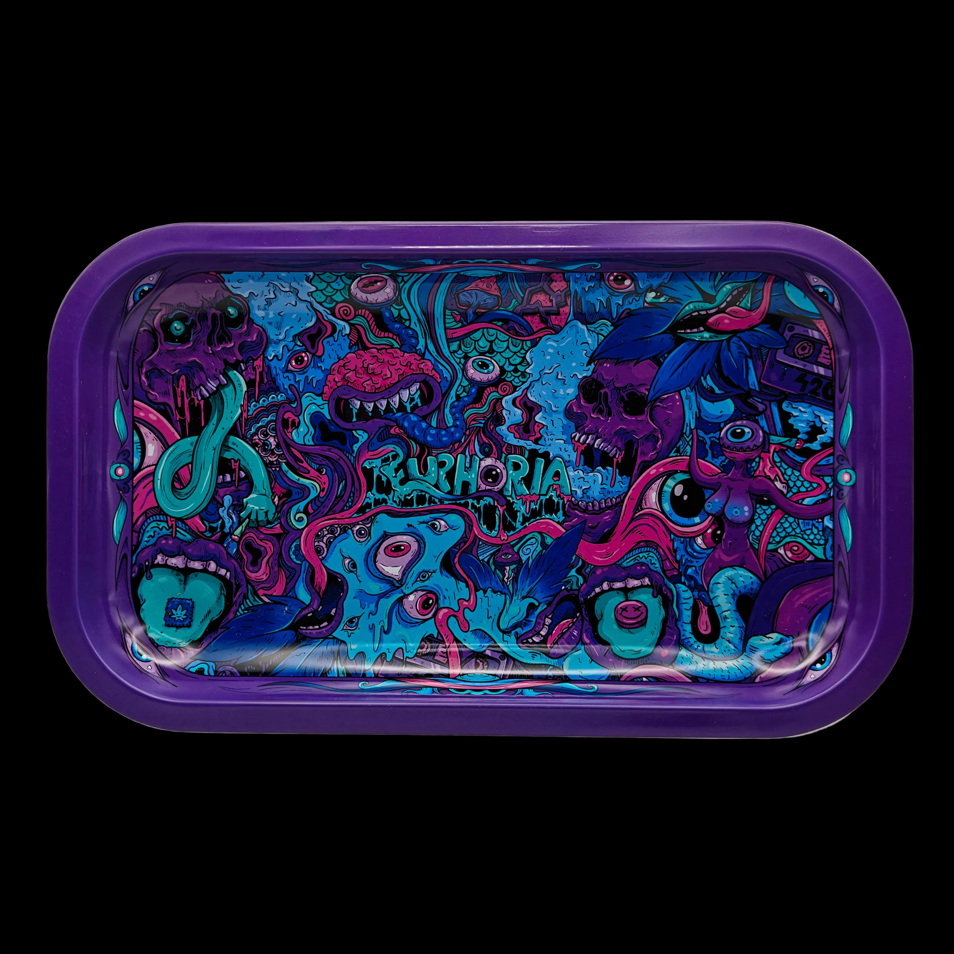 Plateau Euphoria Psychedelic en métal avec design violet psychédélique, crânes, yeux multiples, formes organiques et rebords hauts