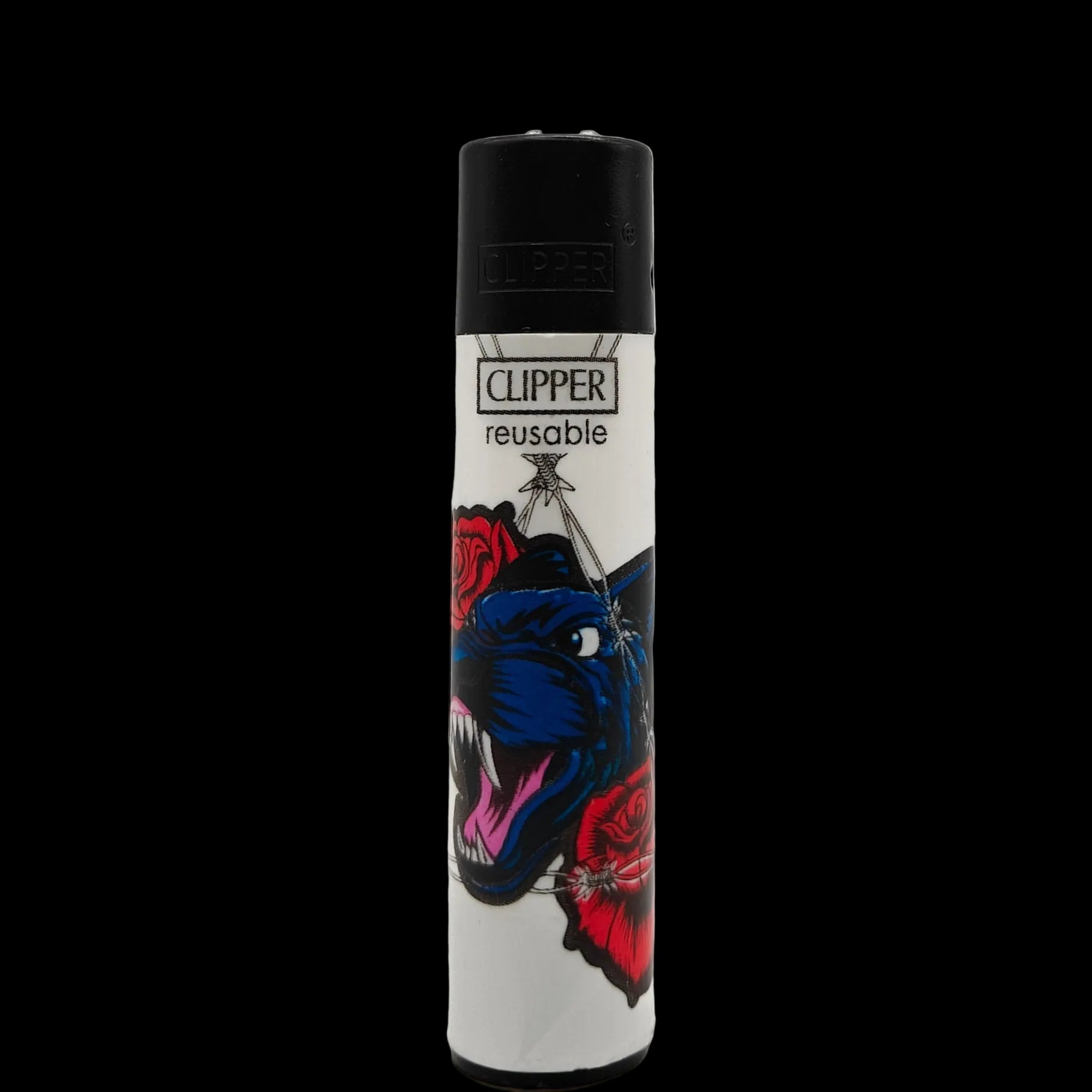 Briquet Clipper Hardcore Jungle avec panthère bleue rugissante et roses rouges, briquet rechargeable et réutilisable