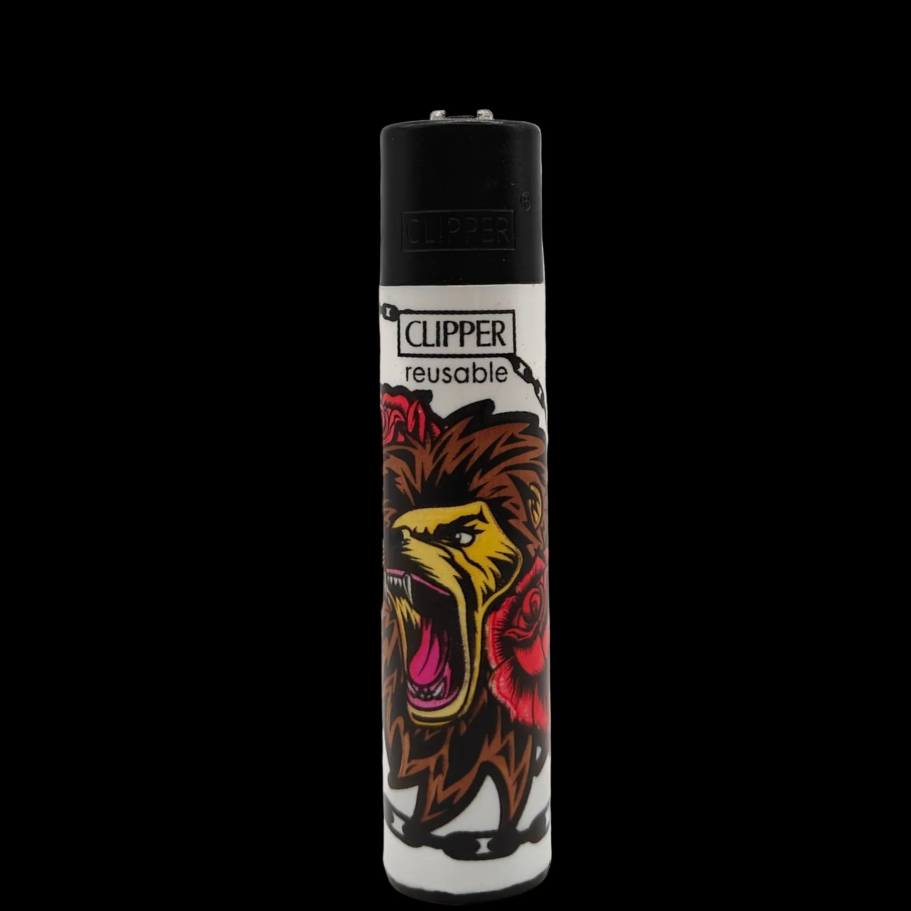 Briquet Clipper Hardcore Jungle avec lion rugissant et roses rouges, briquet rechargeable et réutilisable